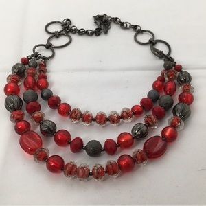 KR, Red And Gray Glass Bead Necklace, Triple Strand